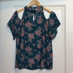 Open shoulder green floral blouse